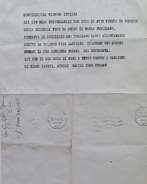 Archivio Letizia Battaglia – Palermo Letter received by Battaglia warning her to leave (Credit: Archivio Letizia Battaglia – Palermo)