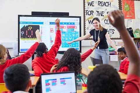 Teacher pointing to smartboard while smiling at her students with their hands up