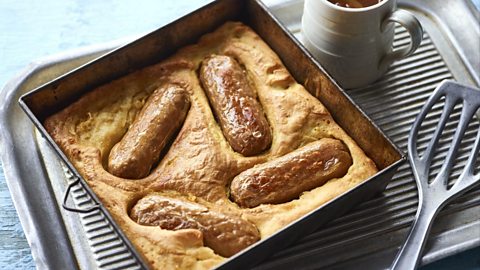 Vegan toad in the hole with red onion gravy