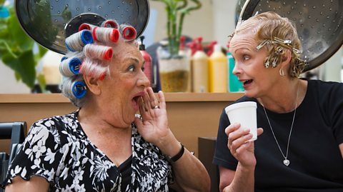 Two older white ladied gossiping under hair dryers in a salon. One has rollers and the other has clips.