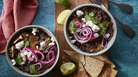 Aubergine and black bean bowl