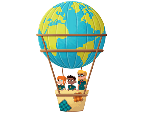 An illustration of children flying in a hot air balloon.