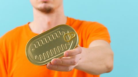 Person holding up a tin of unmarked fish (presumably sardines)