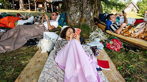 Three people lying on mattresses on the ground under a tree, smiling and playing on their phones.