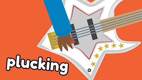 A child playing the guitar with the word 'plucking' on screen