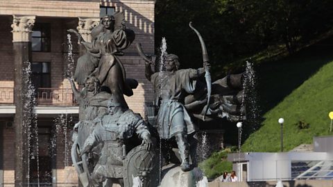 A statue of the three brothers who supposedly founded Kyiv, and their sister.