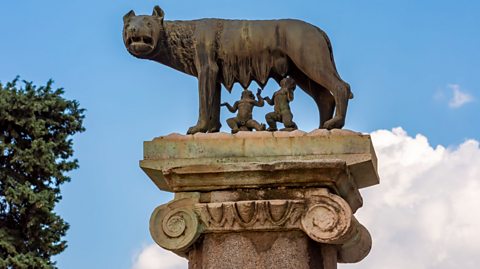 A statue of a wolf suckling the twins Romulus and Remus, who according to legend founded the city of Rome.