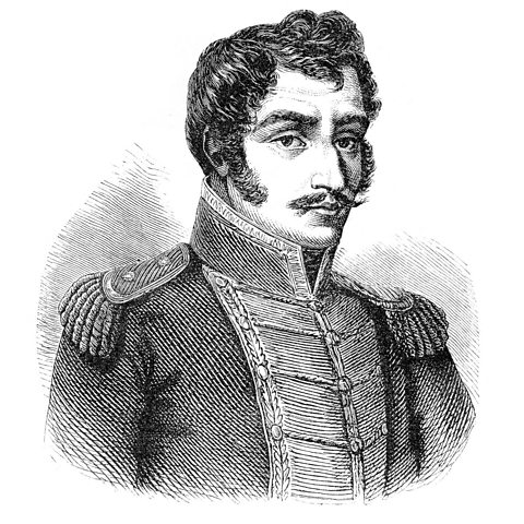 A portrait of Simon Bolivar, wearing an army uniform from the 1800s. He has curly black hair and a moustache.