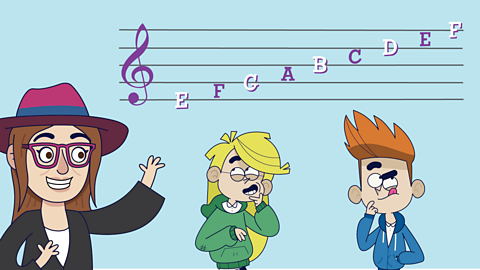 A cartoon of Anna Clyne pointing to note labelled on a musical stave with two puzzled children.