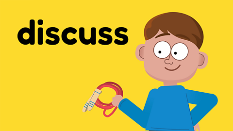 A child holding a skipping rope next to the word 'discuss'