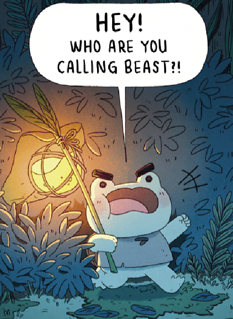 Albie with a speech bubble "Hey! Who are you calling beast?"