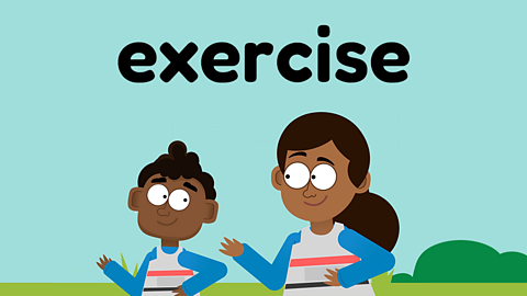 Two children running together underneath the word 'exercise'