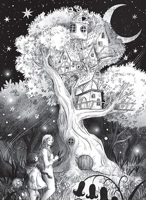 An illustration of a tall treehouse at night.