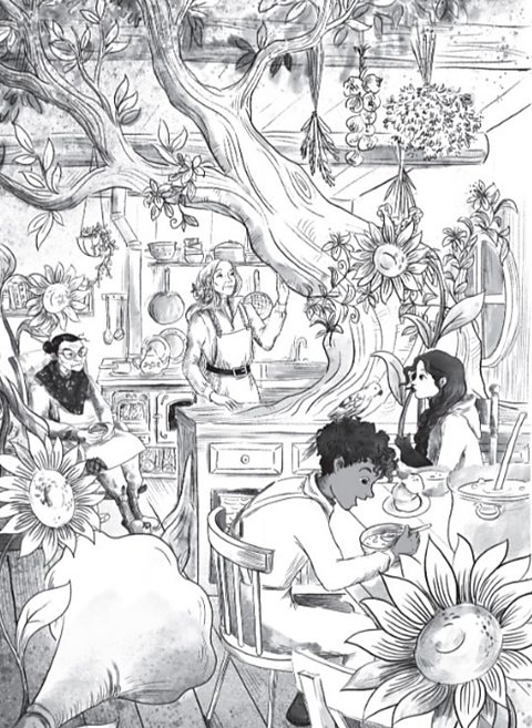 An illustration of people in a kitchen with trees and sunflowers.