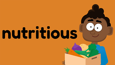 A young box holding a box of assorted vegetables next to the word 'nutritious'