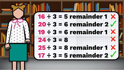 16, 20, 19, 24, 25 and 25 are divided by 3. Only 20 and 17 divide by 3 to leave a remainder of 2