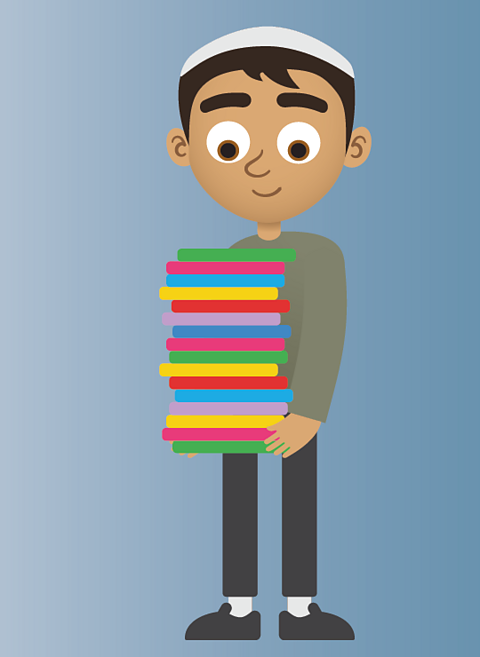 Cartoon of a boy carrying a pile of books.