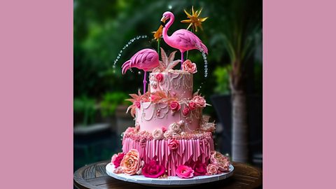 An image of a pink cake with flamingos on it.