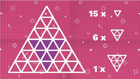 Triangle diagram made up of 36 small triangles. 22 upside down triangles of different sizes can be found.