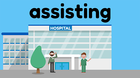 Jolly staff outside a hospital under the word 'assisting'