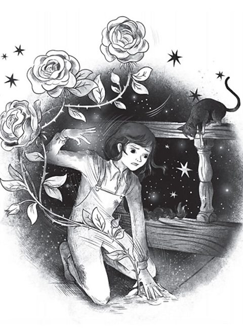 An illustration of a girl knelt down with tall roses and a black cat.