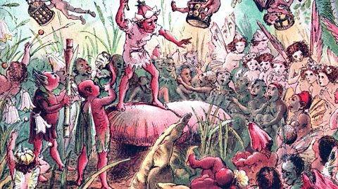 An illustration of a fairy court with lots of tiny pink-skinned people among mushrooms and grass.