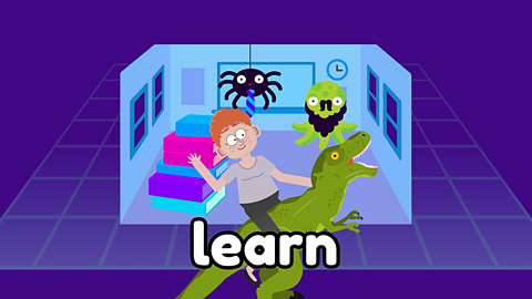 A teacher riding a dinosaur around a classroom under the watchful gaze of a spider and a bearded octopus, with the word 'learn' on screen