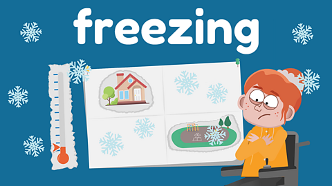 A young looking very cold and chilly next to a weather forecast chart and the word 'freezing'