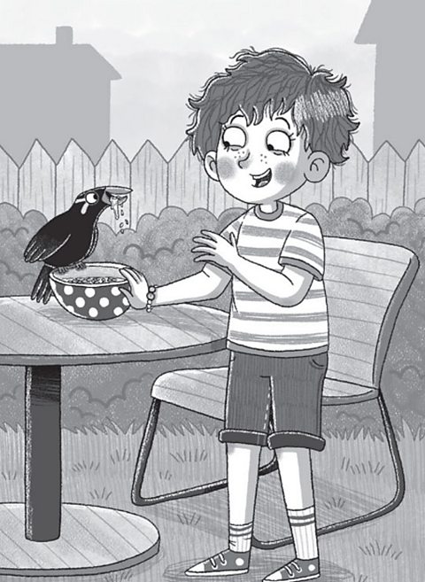 Illustration of Callie and Bo outside in the garden where Bo is eating cereal from a bowl.