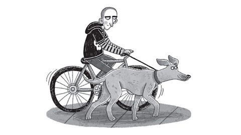 Illustration of man on a bike with a big dog.