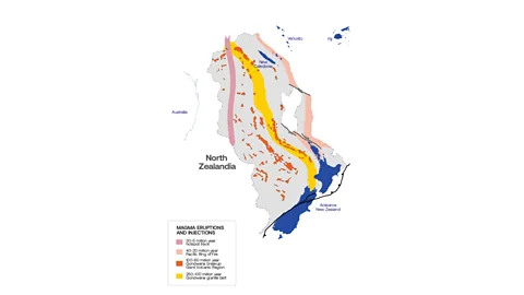 GNS Science Zealandia's Giant Volcanic Region formed between 60 and 100 million years ago. Scientists identified ancient lava using its magnetic signature (Credit: GNS Science)