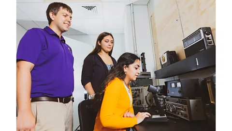 Byron Maldonado Nathaniel Frissell, the scientist leading the HamSCI project, with two of his students, Veronica Romanek and Simal Sami (Credit: Byron Maldonado)