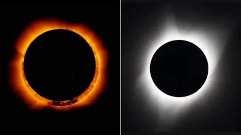 The October eclipse will be annular (left), which means the Moon does not fully cover the Sun, but in April 2024, the Americas can expect a total eclipse (right) (Credit: Nasa)