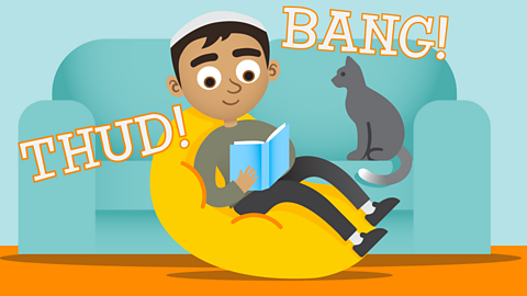 A cartoon boy reading a poetry book on a beanbag with the words THUD! and BANG! around him to show onomatopoeia.