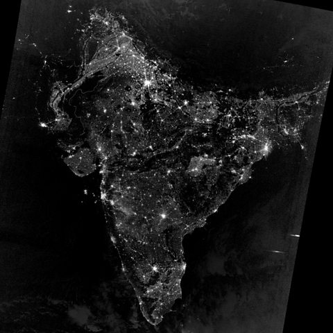 A infrared photo of India from above, taken by a NASA satellite, showing the lights visible from space on Diwali night in 2012.