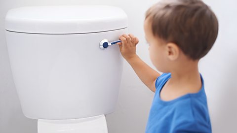 A little boy flushing a toilet.