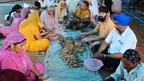 A group of male and female Sikhs sat on the floor together around some food that they are preparing together.