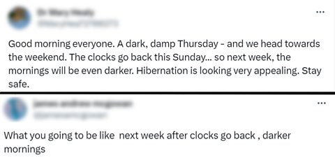 Two tweets claiming that the clocks going back will lead to darker mornings.