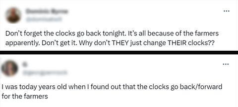 Two tweets blaming farmers for the changing of the clocks