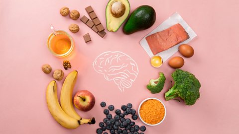 different foods in a circle around an illustration of a brain. The foods are: walnuts, chocolate, avocado, salmon, eggs, broccoli, red lentils, blueberries, apple, banana and honey