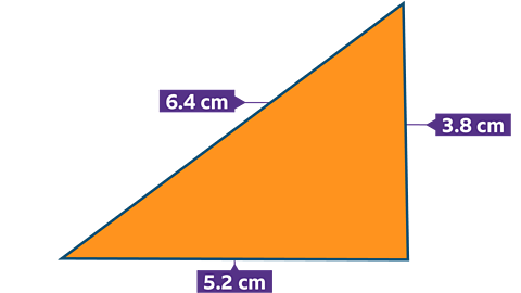 Orange triangle with sides of 6.4cm, 5.2 cm and 3.8cm