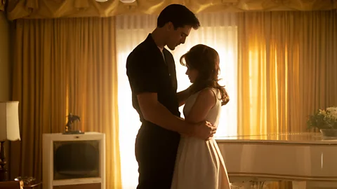 A24 The film follows the Presleys' romance, from when Priscilla Beaulieu (Cailee Spaeny) was a 14-year-old schoolgirl and Elvis (Jacob Elordi) a 24-year-old star (Credit: A24)