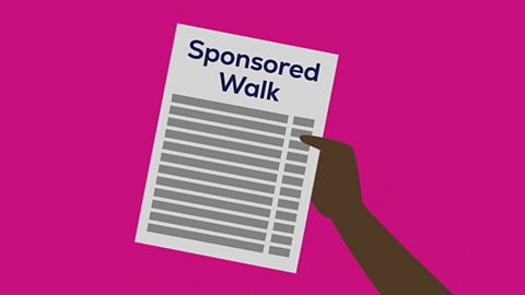 An cartoon image of an arm holding a sponsored walk donations sheet. 