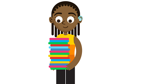 A girl carrying a lot of books.