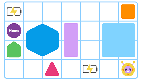 Bitesize Bot on a grid with different shaped obstacles.