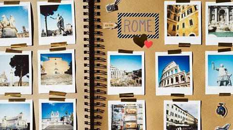 A scrapbook containing instant film photos of Rome, Italy.