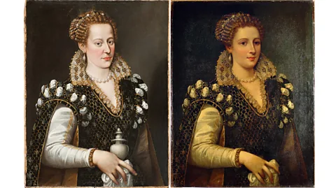 English Heritage Portrait of Isabella de' Medici (1574), attributed to Alessandro Allori, before and after it was retouched (Credit: Carnegie Museum of Art)