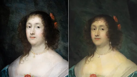 English Heritage Portrait of Diana Cecil (1634) by Cornelius Johnson before and after it had a 'beauty filter' applied (Credit: English Heritage)