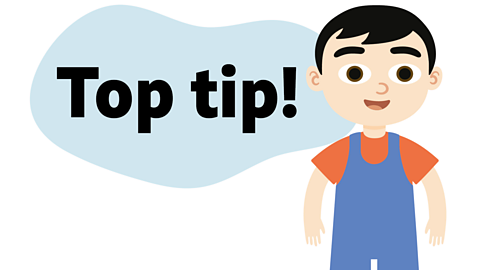 An illustrated young boy with a thought bubble saying top tip.