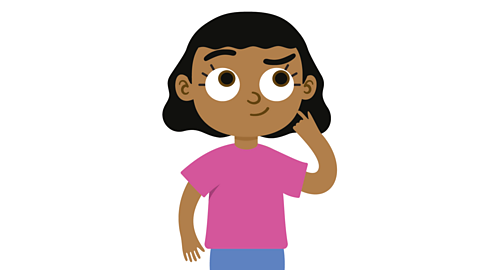 An illustrated girl thinking with her right hand pointing to face.